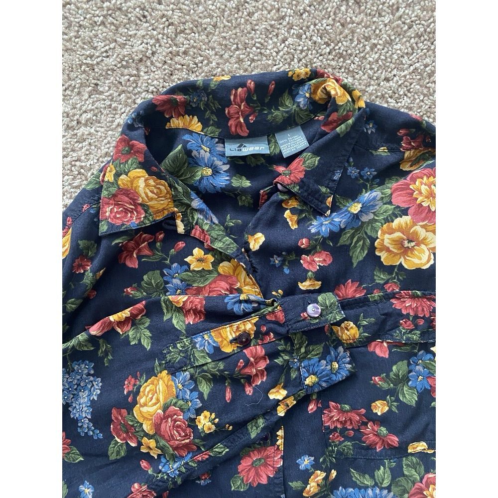 Liz Baker VTG Vintage Button Up Flower Long Sleve LARGE Floral Boho Classic